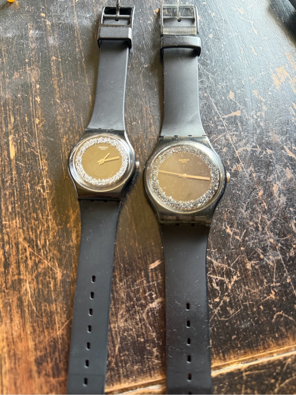 Swatch Black Silicone Watch with Glitter Ring Dial